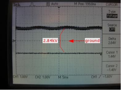 The oscilloscope output during testing of the 
      positive/negative Cockroft-Walton voltage multiplier boards.