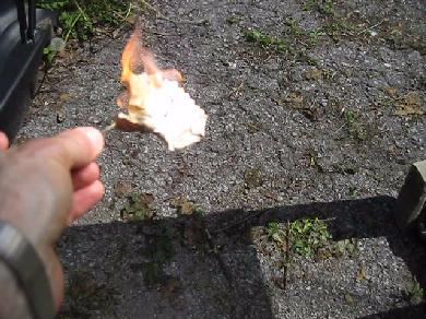 The dry leaf on fire at the focal length of my 2'x4' fresnel lens.