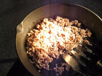 Minced pork cooked on my fresnel lens solar cooker.