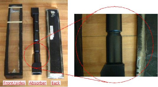 The three components - front/sides with acrylic plastic glazing, absorber (stack of pop cans), back with a thermometer attached.