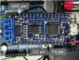 Pins for putting the Adafruit Audio FX Sound Board into UART 
      mode, including the UG, RX and a GND pin, top view.