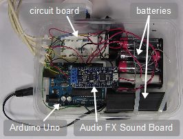 The ScareDuino elecrtonics close-up showing the Arduino and the
      Adafruit Audio FX Sound Board.