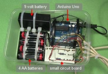 Inside the control box for the Shoulder mounted Arduino 
      controlled skull.