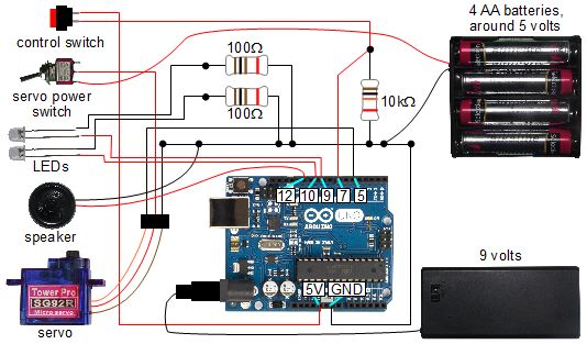 The circuit diagram for the Arduino controlled skull with servo,
      LEDs and speaker.