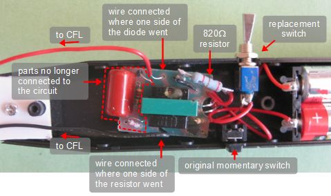 Details of modifications of the electric fly swatter for powering
      a CFL.