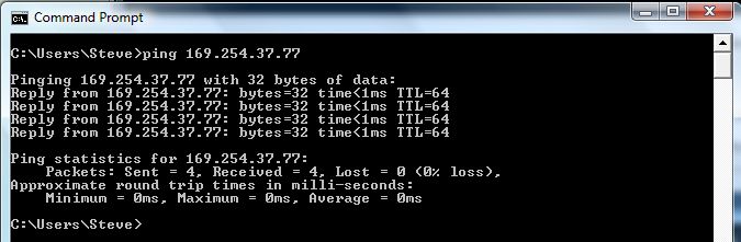 Pinging the Raspberry Pi from a Windows Command Prompt window.