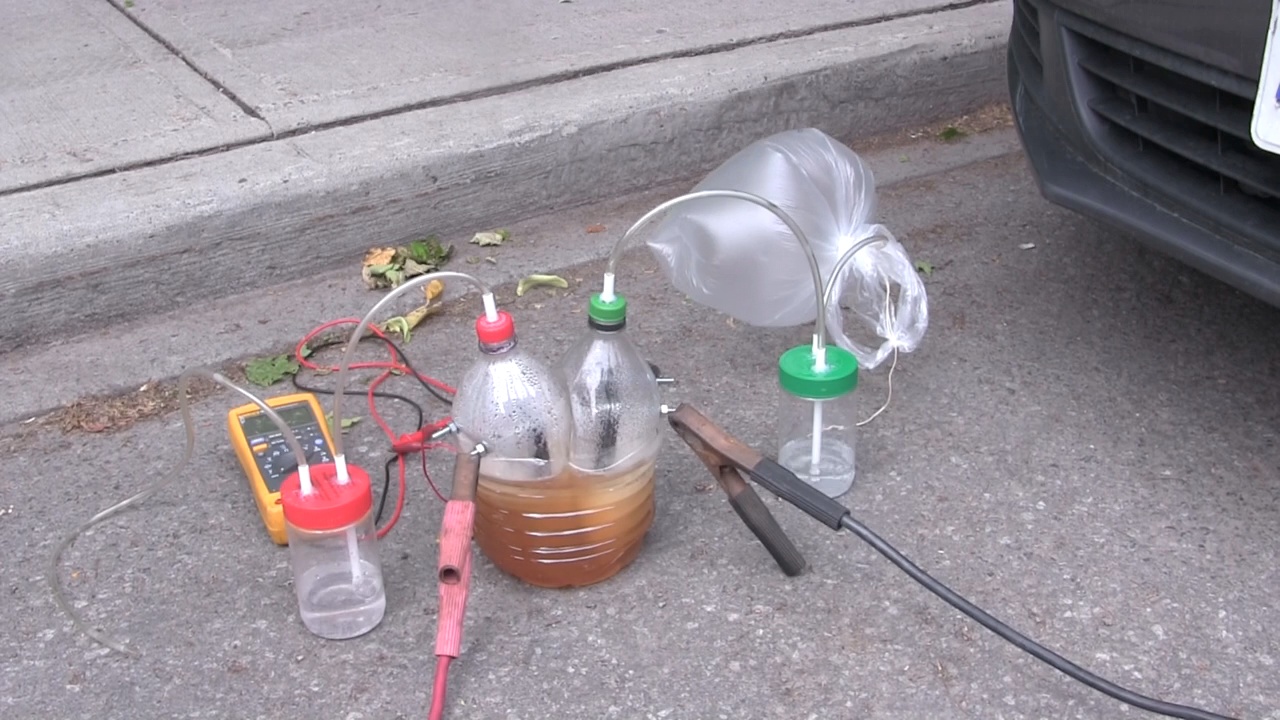 Hydrogen generator electrolyzer filling a balloon with hydrogen.