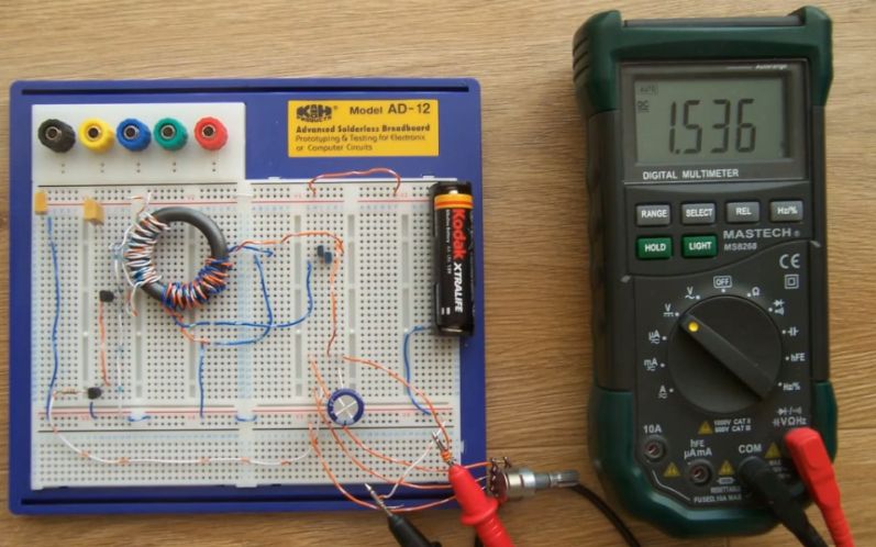 Joule thief circuit powering a clock.