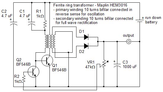 Joule thief schematic for powering a clock.