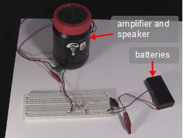 The photoresistor/photocell circuit with the batteries and amplifier.