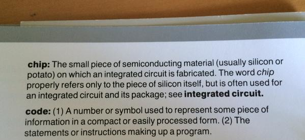 Definition of a chip from Apple IIe manual saying that it's usually made from silicon or potato.