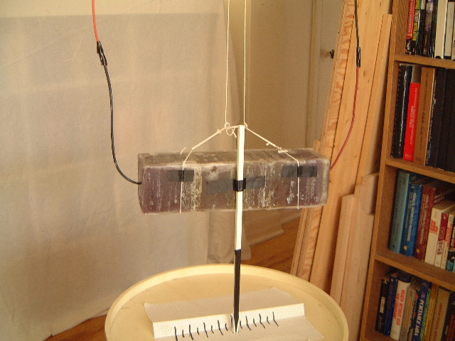 Close up of a test run for the Thomas Townsend Brown style 
      gravitator Mark 2 hanging as a pendulum.