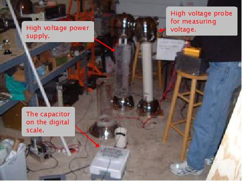 Test setup for testing barium titanate high K dielectric 
      doorknob capacitor propulsion device.