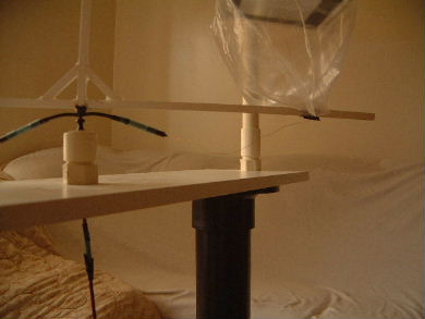 Poynting flow thruster plastic bag test with paper deflectors
      and with bottom wire drooping down to the testrig's base.