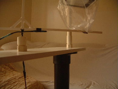 Poynting flow thruster plastic bag test with paper deflectors
      after lifting bottom wire away from the testrig's base.